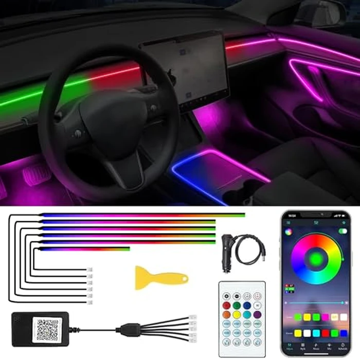 Acrylic Interior Car LED Lights with Remote and Wireless APP 6 in 1,Ambient Lighting Kits Fiber Optic Strip LEDs,16 Million Colors Music&DIY Function by TEKSHINNY - Image 1