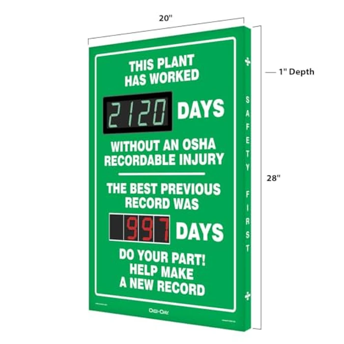 Accuform SCK120 Digi-Day Electronic Scoreboard, "THIS PLANT HAS WORKED _ DAYS W/O AN OSHA RECORDABLE INJURY - THE BEST PREVIOUS RECORD WAS _ DAYS - DO YOUR PART! HELP MAKE A NEW RECORD" by Accuform - Image 4