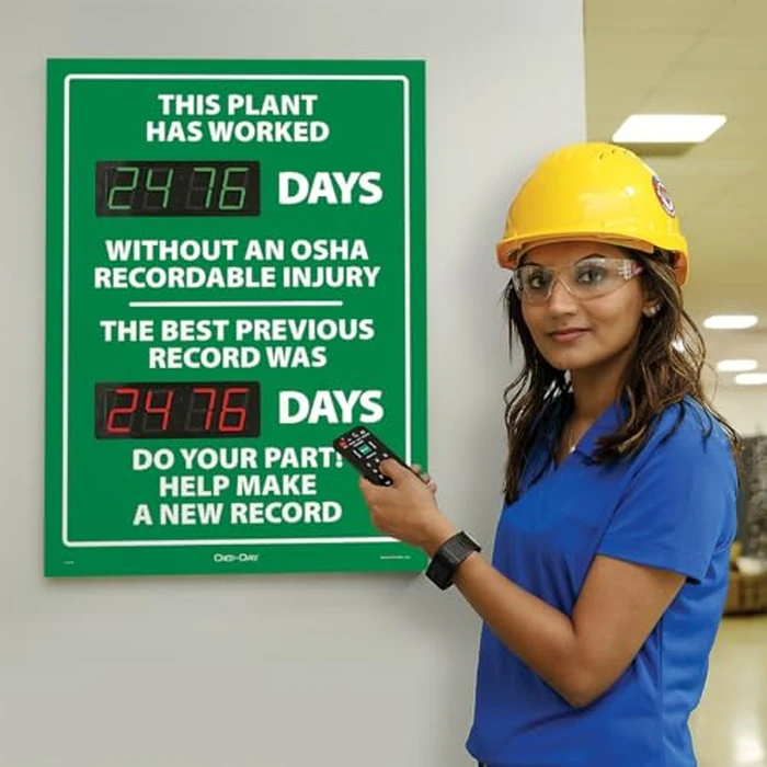 Accuform SCK120 Digi-Day Electronic Scoreboard, "THIS PLANT HAS WORKED _ DAYS W/O AN OSHA RECORDABLE INJURY - THE BEST PREVIOUS RECORD WAS _ DAYS - DO YOUR PART! HELP MAKE A NEW RECORD" by Accuform - Image 6