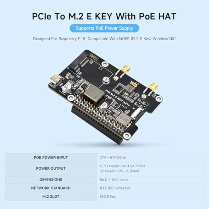 Waveshare PCIe to M.2 E Key Adapter with PoE Function, Compatible with Raspberry Pi 5, Support NGFF (M.2 E Key) Wireless NIC, Raspberry Pi 5 PCIe HAT by waveshare - Image 3