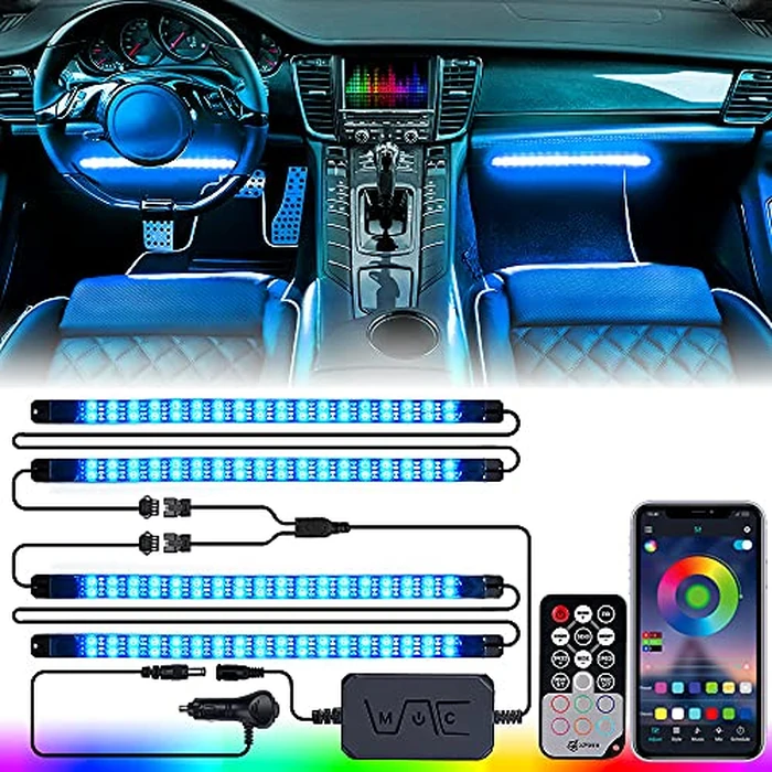 Xprite Double Row RGB LED Car Interior Bluetooth Light Strips with Remote & APP Control, Music Sync Under Dash Footwell Neon Internal Lighting Kit w/Cigarette Adapter,Valentines Day Gift for Him Her by Xprite - Used - Acceptable condition - CA$35.99