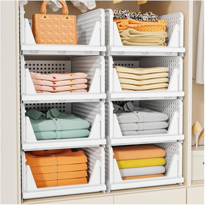 SNSLXH 5 Pack Stackable Closet Storage Basket, Multifunctional & Foldable Closet Organizer for Bathroom Kitchen Laundry Room Wardrobe Storage, Space-Saving Clothes Storage Drawer Organizer, White by SNSLXH - Image 1