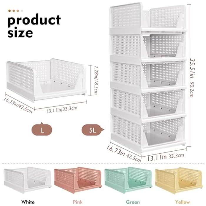 SNSLXH 5 Pack Stackable Closet Storage Basket, Multifunctional & Foldable Closet Organizer for Bathroom Kitchen Laundry Room Wardrobe Storage, Space-Saving Clothes Storage Drawer Organizer, White by SNSLXH - Image 3
