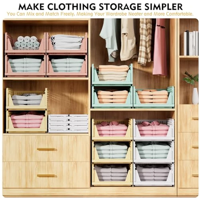 SNSLXH 5 Pack Stackable Closet Storage Basket, Multifunctional & Foldable Closet Organizer for Bathroom Kitchen Laundry Room Wardrobe Storage, Space-Saving Clothes Storage Drawer Organizer, White by SNSLXH - Image 4