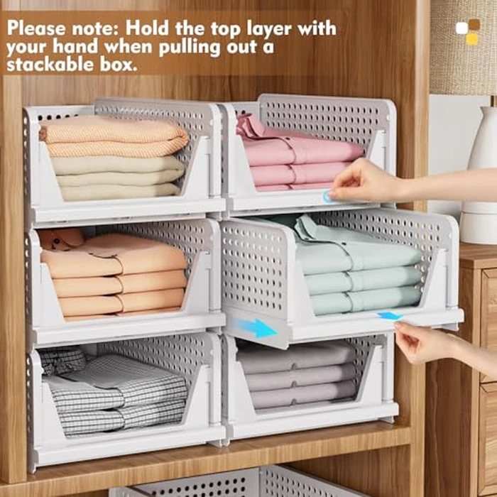 SNSLXH 5 Pack Stackable Closet Storage Basket, Multifunctional & Foldable Closet Organizer for Bathroom Kitchen Laundry Room Wardrobe Storage, Space-Saving Clothes Storage Drawer Organizer, White by SNSLXH - Image 6