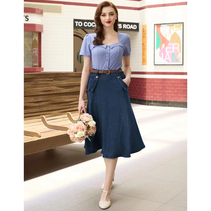 Belle Poque Blue High Waist Denim Skirt for Women Flared High Waist Stretchy Plus Size Long Jean Skirt with Pockets S by Belle Poque - Image 2