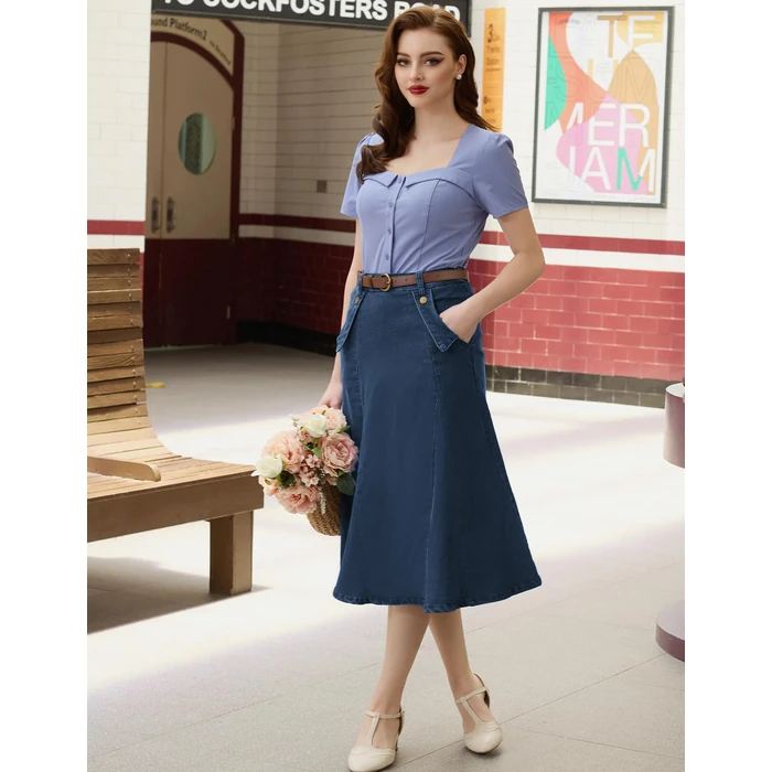 Belle Poque Blue High Waist Denim Skirt for Women Flared High Waist Stretchy Plus Size Long Jean Skirt with Pockets S by Belle Poque - Image 4