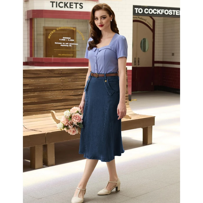 Belle Poque Blue High Waist Denim Skirt for Women Flared High Waist Stretchy Plus Size Long Jean Skirt with Pockets S by Belle Poque - Image 5