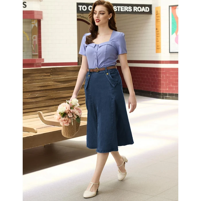 Belle Poque Blue High Waist Denim Skirt for Women Flared High Waist Stretchy Plus Size Long Jean Skirt with Pockets S by Belle Poque - Image 6