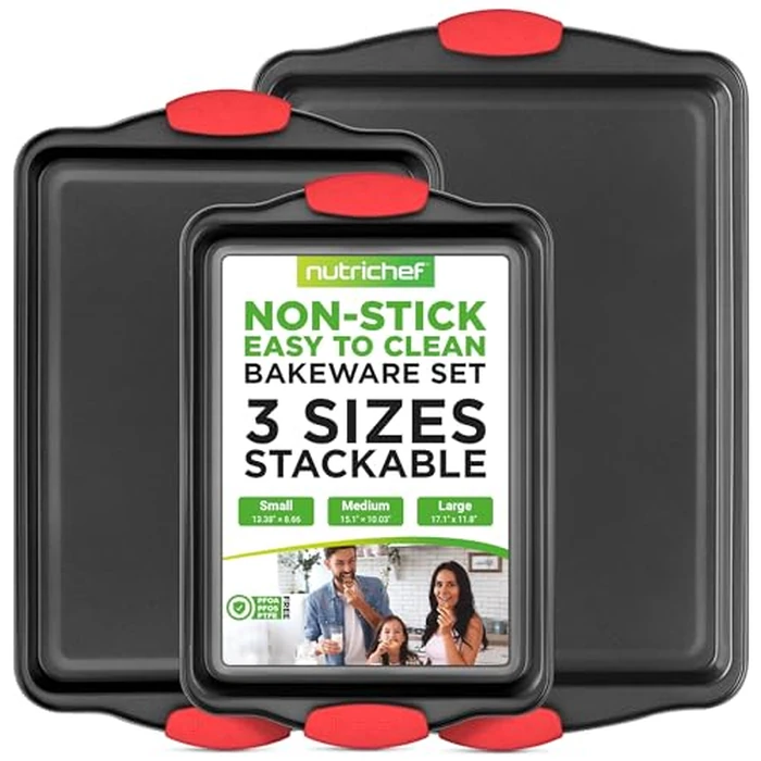 NutriChef 3-Piece Nonstick Kitchen Oven Baking Pans - Premium & Stylish Non-Stick Steel, Commercial Grade Restaurant Quality Metal Bakeware with Red Silicone Handles - Easy to Clean, NCSBS3S by NutriChef - Image 2