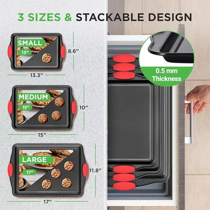 NutriChef 3-Piece Nonstick Kitchen Oven Baking Pans - Premium & Stylish Non-Stick Steel, Commercial Grade Restaurant Quality Metal Bakeware with Red Silicone Handles - Easy to Clean, NCSBS3S by NutriChef - Image 3