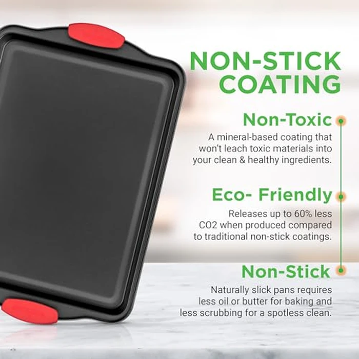 NutriChef 3-Piece Nonstick Kitchen Oven Baking Pans - Premium & Stylish Non-Stick Steel, Commercial Grade Restaurant Quality Metal Bakeware with Red Silicone Handles - Easy to Clean, NCSBS3S by NutriChef - Image 5
