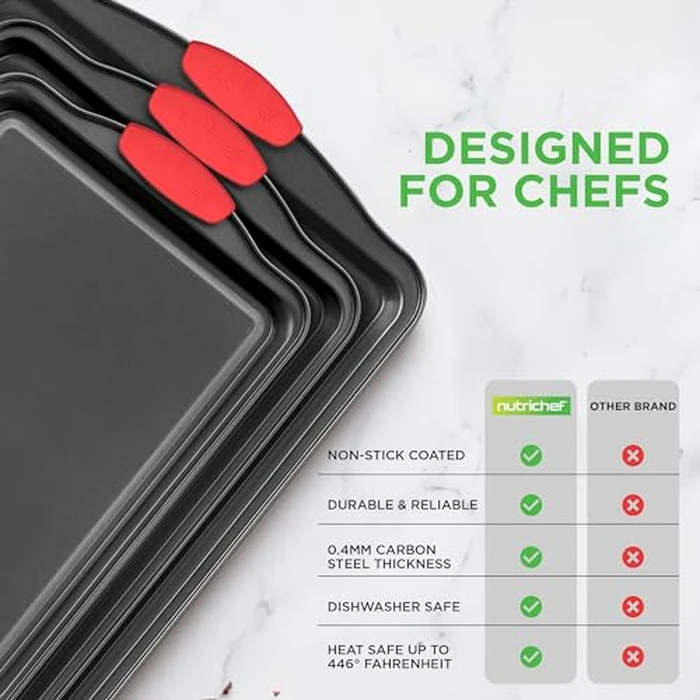 NutriChef 3-Piece Nonstick Kitchen Oven Baking Pans - Premium & Stylish Non-Stick Steel, Commercial Grade Restaurant Quality Metal Bakeware with Red Silicone Handles - Easy to Clean, NCSBS3S by NutriChef - Image 7
