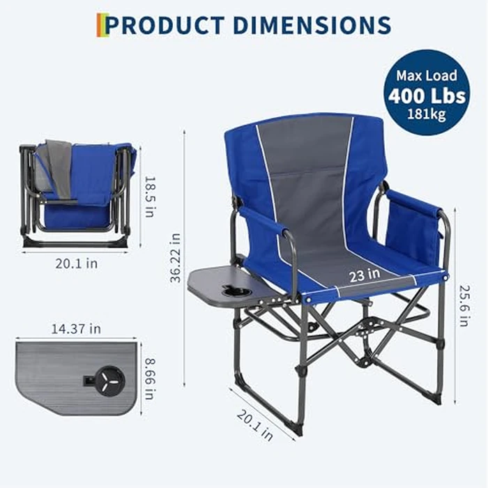 GarveeLife Oversized Directors Camping Chair, Portable Folding Chair for Adults Support 400 lbs, Heavy Duty Lawn Chair with Side Table, for Camping, Sports, Picnic, Beach, Fishing, Blue by GarveeLife - Image 5