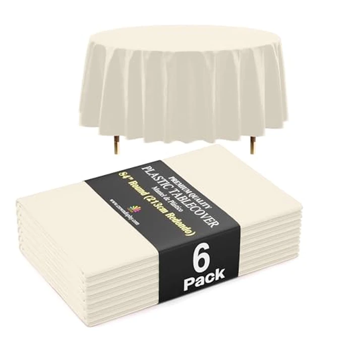Exquisite 66% Thicker Premium Ivory Round Tablecloth 0.5 Mil 6 Pack Plastic Table Cloth Disposable 84 Inch Round Plastic Tablecloth Won't Tear Easily Like Cheap Thin Brands by Exquisite - Image 1