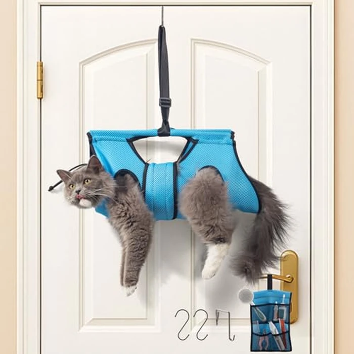 Pet Grooming Hammock for 5-11 lbs Pets, Door-Hook Hanging with Adjustable Height & Full Straps, Machine Washable with 1 Tool Bag Included Blue by MIFNRO - Used - Like New condition