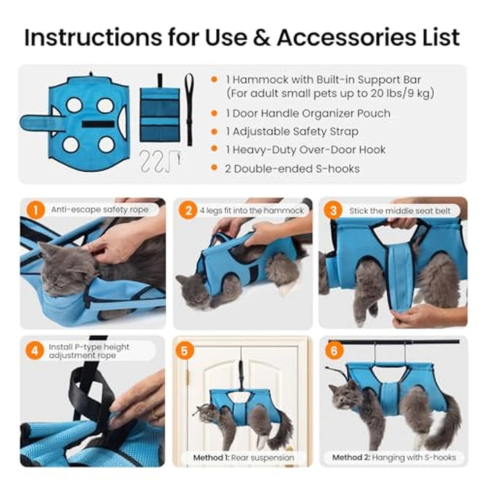 Pet Grooming Hammock for 5-11 lbs Pets, Door-Hook Hanging with Adjustable Height & Full Straps, Machine Washable with 1 Tool Bag Included Blue by MIFNRO - Image 8