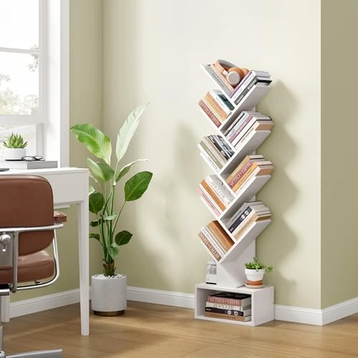 Hoctieon 9 Tier Tree Bookshelf, Tall Bookcase with Drawer, Wood Book Shelf, Modern Floor Standing Bookshelves, Book Organizer Shelves for Bedroom, Living Room, Home Office, White by Hoctieon - Image 1