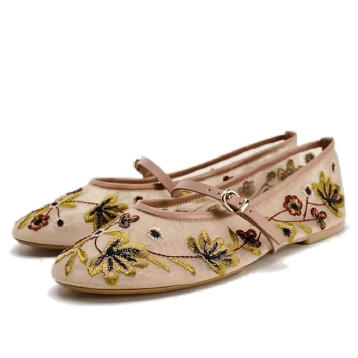 Mesh Ballet Flats for Women Embroidered Floral Mary Jane Flats Round Toe Slip On Ballerina Shoes Comfortable Casual Daily Dress Flat Shoes (Apricot,9.5) by SAFECAMS - Used - Like New condition