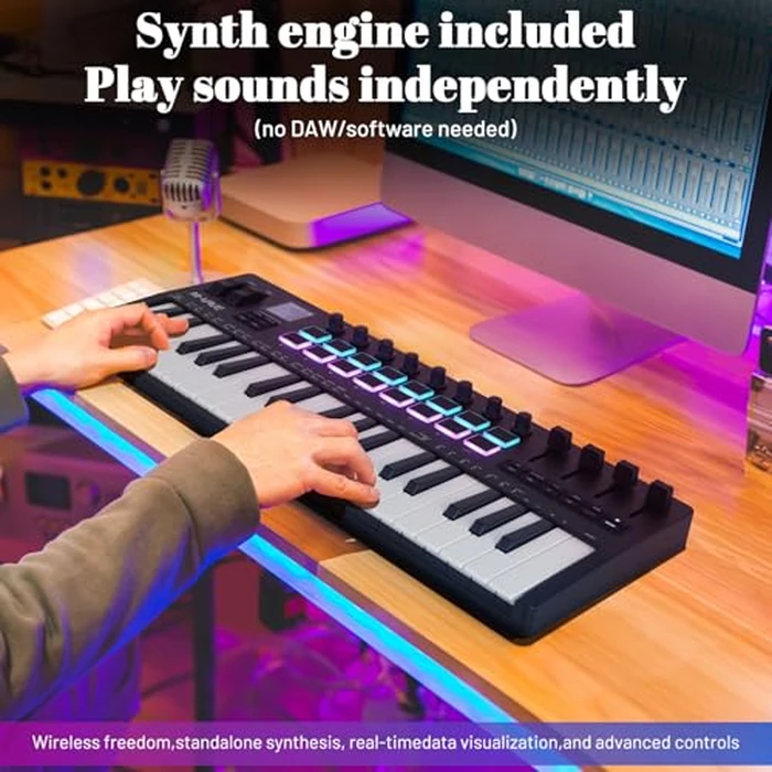 M-VAVE 37 Key USB MIDI Keyboard Controller With 16 Backlit Drum Pads, Bluetooth Semi Weighted Professional dynamic keybed 8 Knobs and Music Production,Software Included (37 Key Black) by M-Wave - Image 2