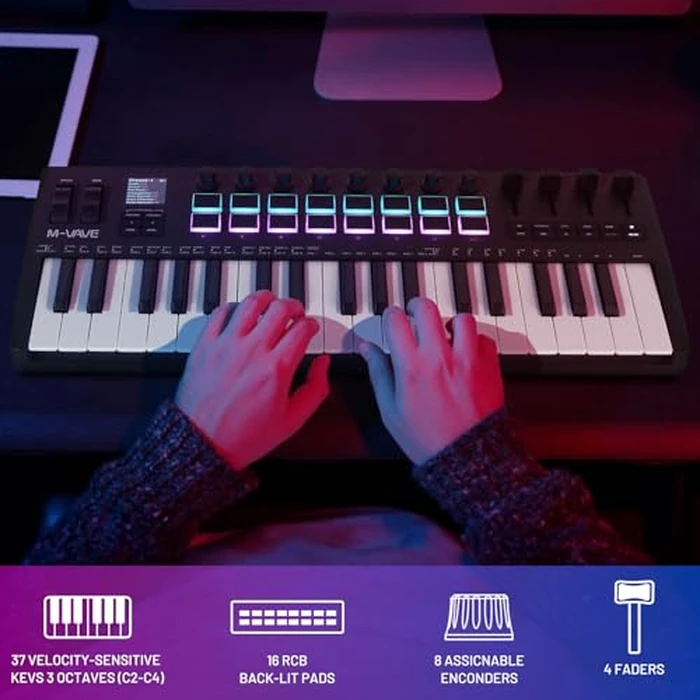 M-VAVE 37 Key USB MIDI Keyboard Controller With 16 Backlit Drum Pads, Bluetooth Semi Weighted Professional dynamic keybed 8 Knobs and Music Production,Software Included (37 Key Black) by M-Wave - Image 4