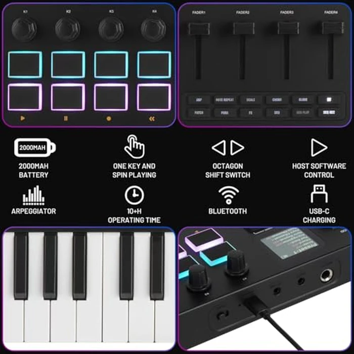 M-VAVE 37 Key USB MIDI Keyboard Controller With 16 Backlit Drum Pads, Bluetooth Semi Weighted Professional dynamic keybed 8 Knobs and Music Production,Software Included (37 Key Black) by M-Wave - Image 5