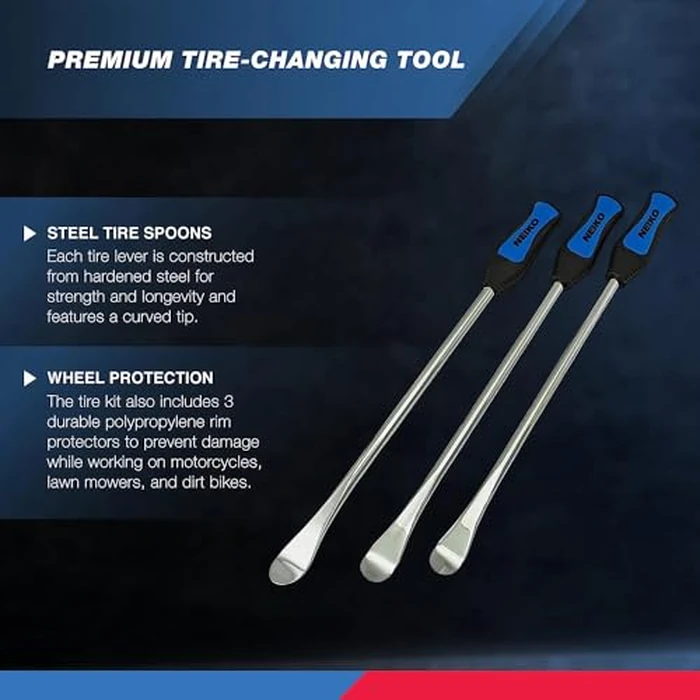 NEIKO 20601A 14.5” Steel Tire Spoons Tool Set, Tire Tools Include 3 Piece Tire Spoons, 3 Piece Rim Protector, Valve Tool, 6 Piece Valve Cores, Motorcycle Tire Changer, Dirt Bike Tire Levers by NEIKO - Image 2