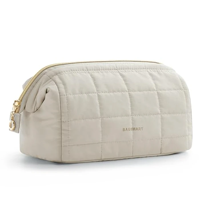 BAGSMART Makeup Bag Cosmetic Bag Wide Open, Beige, M, Wide-open Travel Makeup Bag With Puffy Padded and Rectangular Quilted by BAGSMART - Image 1