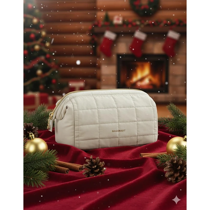 BAGSMART Makeup Bag Cosmetic Bag Wide Open, Beige, M, Wide-open Travel Makeup Bag With Puffy Padded and Rectangular Quilted by BAGSMART - Image 2