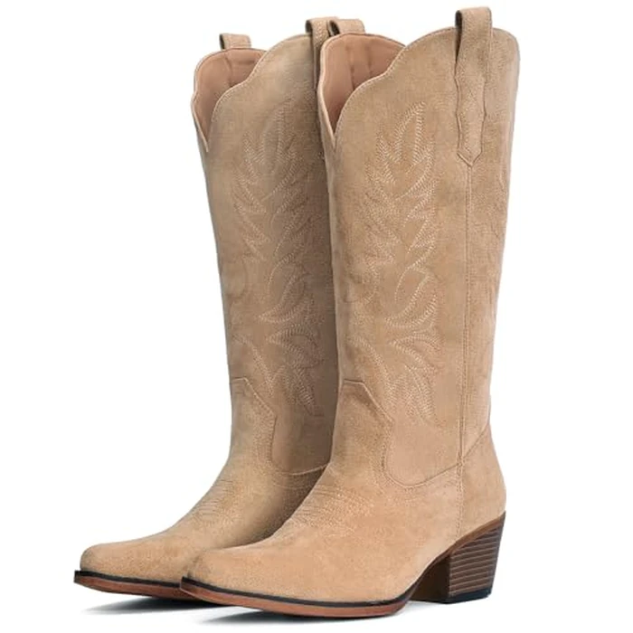 IUV Suede Cowboy Boots for Women Mid Calf Cowgirl Boots with Embroidered, Retro Snip Toe Chunky Heel Western Boot for Country Concert Music Festival Cowboy Chic by IUV - Used - Like New condition - US$40.93