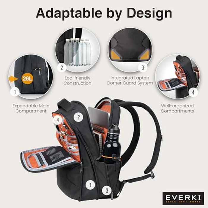 EVERKI Studio Expandable Laptop Backpack for Men & Women - Business and Travel Backpack, Carry-On Backpack for Office & Travel, Professional Backpack, 15-Inch MacBook & Laptop Bag, 26L Capacity, Black by Everki - Image 3