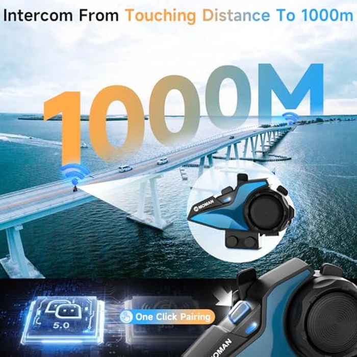 Moman Motorcycle Helmet Intercom, Motorcycle Communication System 1000M with Noise Cancellation/Audio Multitasking/Hi-Fi/Music Sharing/FM/AI Voice (for 2 Riders, Universal H2E 2 Pack) by Moman - Image 4