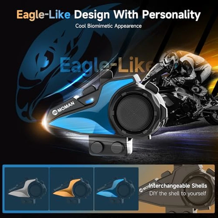 Moman Motorcycle Helmet Intercom, Motorcycle Communication System 1000M with Noise Cancellation/Audio Multitasking/Hi-Fi/Music Sharing/FM/AI Voice (for 2 Riders, Universal H2E 2 Pack) by Moman - Image 6