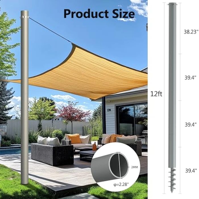 Yakmax Shade Sail Poles, Heavy Duty Sun Shade Poles, Screw in Poles for Sun Shades Outdoor, 12 Ft Sun Shade Sail Poles with D-Clamps, 2.28" Sun Shade Pole Kit for Ground Soil Backyard, 2 Packs by Yakmax - Image 4