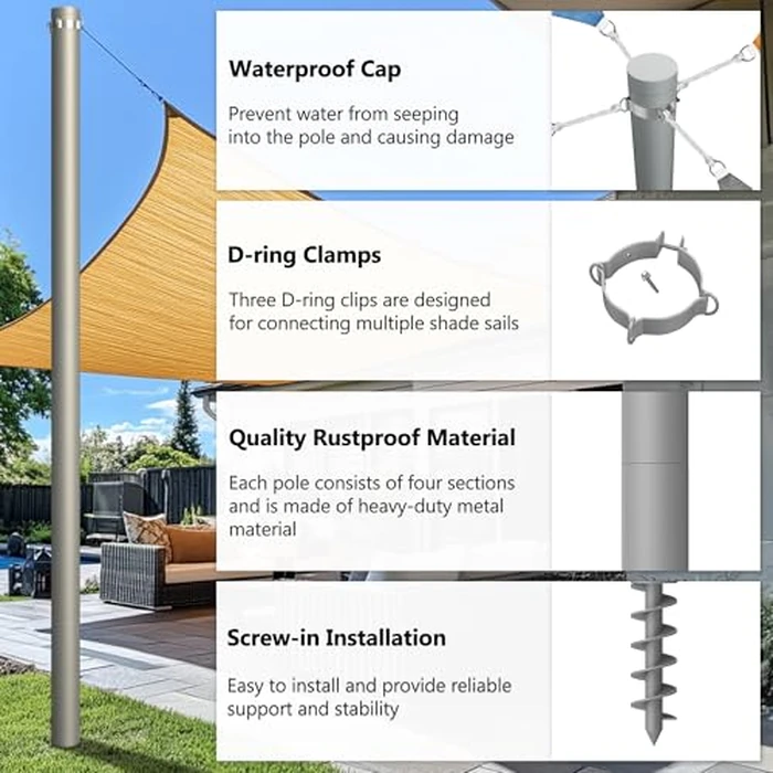 Yakmax Shade Sail Poles, Heavy Duty Sun Shade Poles, Screw in Poles for Sun Shades Outdoor, 12 Ft Sun Shade Sail Poles with D-Clamps, 2.28" Sun Shade Pole Kit for Ground Soil Backyard, 2 Packs by Yakmax - Image 5