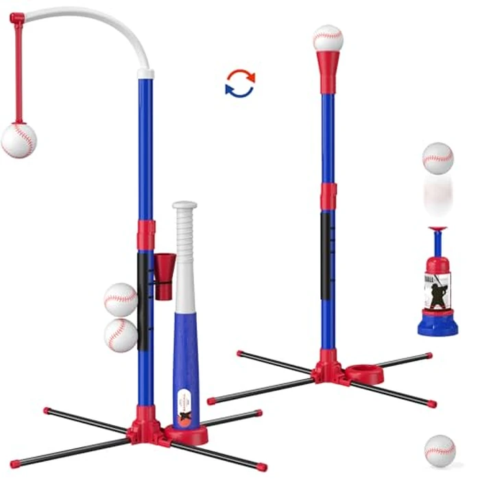 HYES 3-in-1 Baseball Set for Kids 3-5 - Tee Ball Stand, Hanging Tee, Ball Launcher and 6 Softballs - Adjustable Height, Indoor/Outdoor Sport Gifts for Boys Girls, Blue by HYES - Image 1