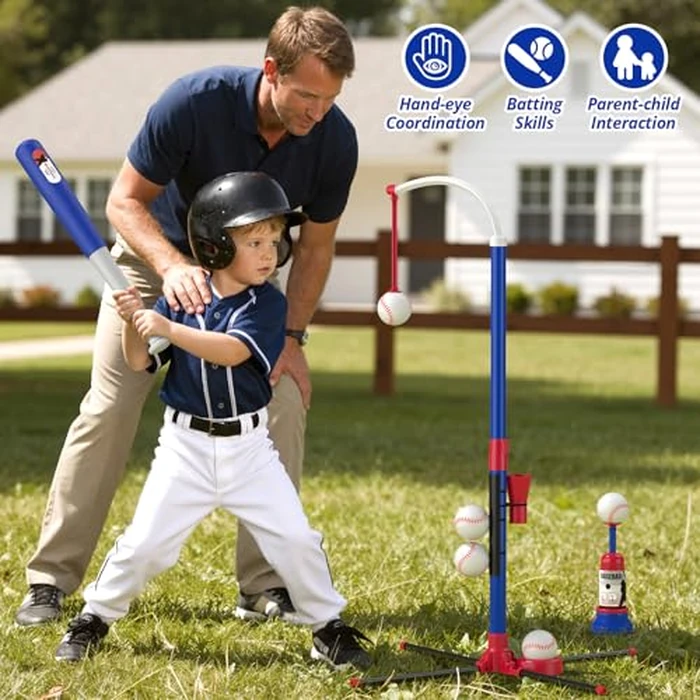 HYES 3-in-1 Baseball Set for Kids 3-5 - Tee Ball Stand, Hanging Tee, Ball Launcher and 6 Softballs - Adjustable Height, Indoor/Outdoor Sport Gifts for Boys Girls, Blue by HYES - Image 3
