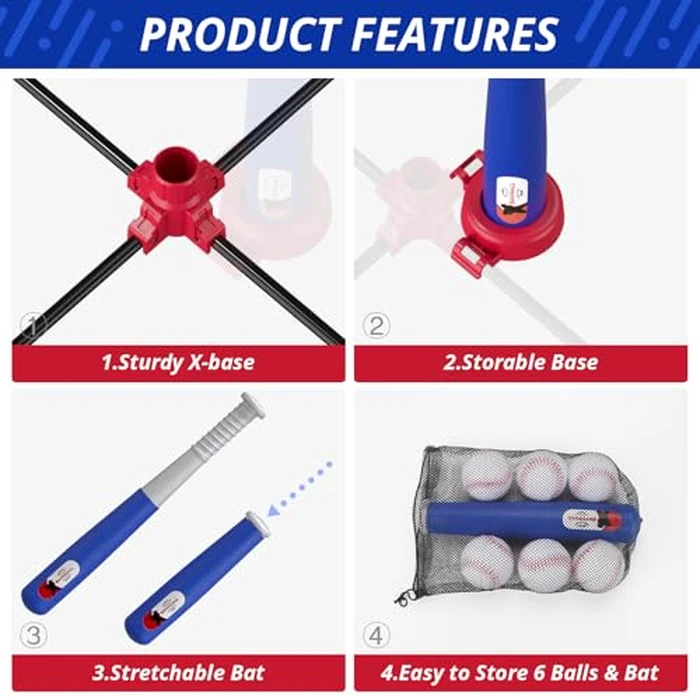 HYES 3-in-1 Baseball Set for Kids 3-5 - Tee Ball Stand, Hanging Tee, Ball Launcher and 6 Softballs - Adjustable Height, Indoor/Outdoor Sport Gifts for Boys Girls, Blue by HYES - Image 6