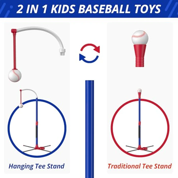 HYES 3-in-1 Baseball Set for Kids 3-5 - Tee Ball Stand, Hanging Tee, Ball Launcher and 6 Softballs - Adjustable Height, Indoor/Outdoor Sport Gifts for Boys Girls, Blue by HYES - Image 7