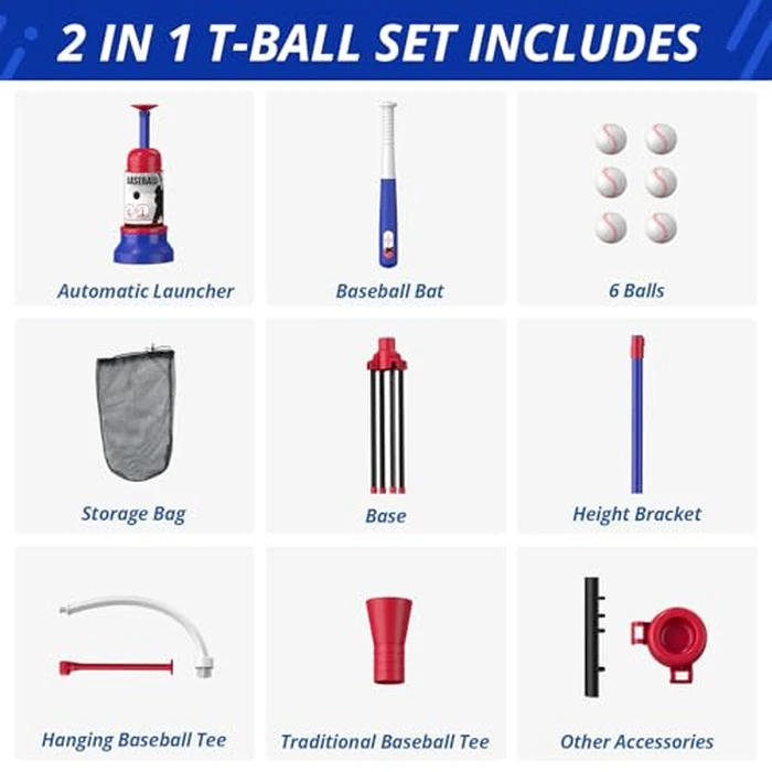 HYES 3-in-1 Baseball Set for Kids 3-5 - Tee Ball Stand, Hanging Tee, Ball Launcher and 6 Softballs - Adjustable Height, Indoor/Outdoor Sport Gifts for Boys Girls, Blue by HYES - Image 9