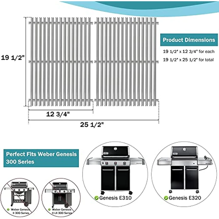 Criditpid 19.5" Grill Grates Replacement for Weber 7524 7528 Genesis E-310, E-320, E-330, S-310, S-320, S330, EP-310, EP-320, EP-330, 304 Stainless Steel Cooking Grid for Weber Genesis 300 Series by Criditpid - Image 2