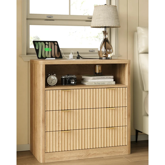 Fluted Night Stand with Power Outlet & LED Lights, Nightstand with 3 Drawers and Open Shelf, Bedside Table Baby Dresser for Bedroom, Living Room, Natural by Sevenvanity - Used - Very Good condition