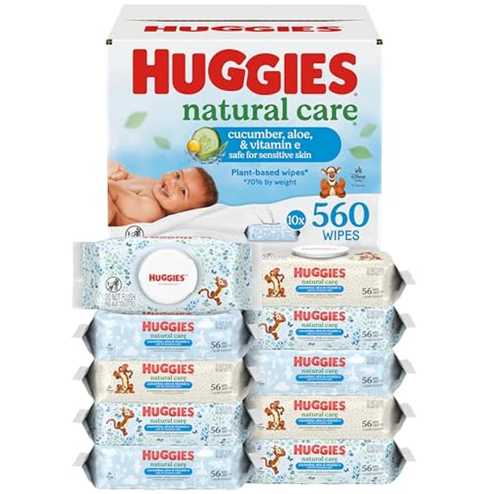 Huggies Natural Care Cucumber, Aloe and Vitamin E Baby Wipes, Hypoallergenic, Scented, 10 Flip-Top Packs (560 Wipes Total), Packaging May Vary by HUGGIES - Used - Like New condition - US$16.12