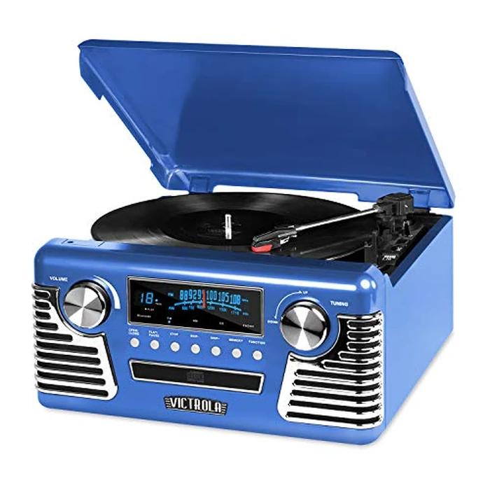 Victrola Haley Retro Bluetooth Record Player & Multimedia Center with Built-in Speakers - 3-Speed Turntable, CD Player, AM/FM Radio, 3.5mm Aux-In, Wireless Music Streaming, Blue by Victrola - Used - Like New condition