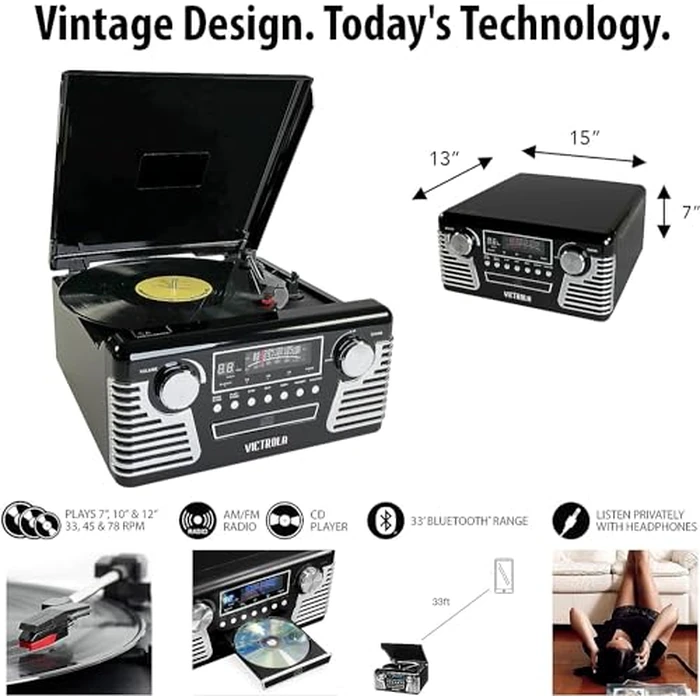 Victrola Haley Retro Bluetooth Record Player & Multimedia Center with Built-in Speakers - 3-Speed Turntable, CD Player, AM/FM Radio, 3.5mm Aux-In, Wireless Music Streaming, Blue by Victrola - Image 3