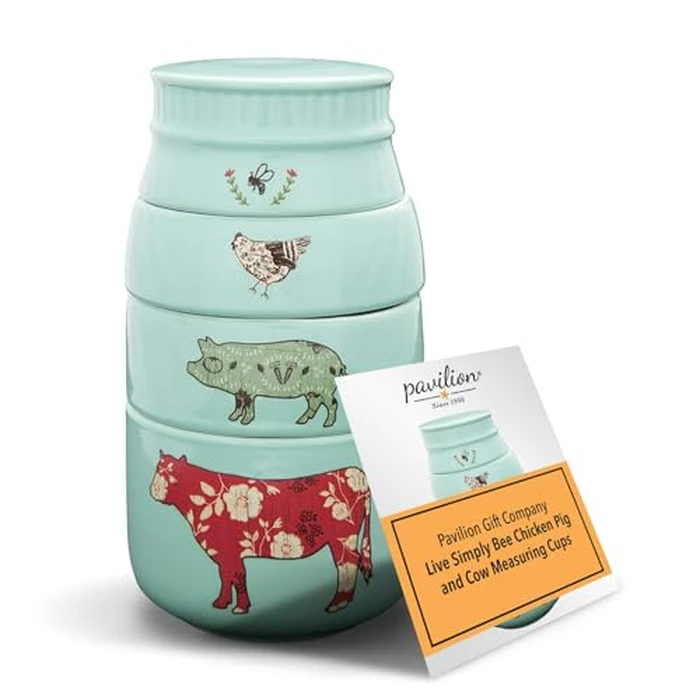 Pavilion Gift Company - 'Live Simply Bee, Chicken, Pig, and Cow' - 4-Piece Stoneware Measuring Cups Set, Sturdy Farmhouse-Style Kitchenware for Home Baking, Cooking, Gifting - Teal, 8 Ounces by Pavilion Gift Company - Used - Like New condition