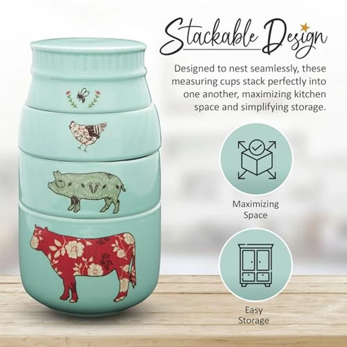 Pavilion Gift Company - 'Live Simply Bee, Chicken, Pig, and Cow' - 4-Piece Stoneware Measuring Cups Set, Sturdy Farmhouse-Style Kitchenware for Home Baking, Cooking, Gifting - Teal, 8 Ounces by Pavilion Gift Company - Image 2