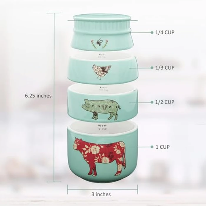 Pavilion Gift Company - 'Live Simply Bee, Chicken, Pig, and Cow' - 4-Piece Stoneware Measuring Cups Set, Sturdy Farmhouse-Style Kitchenware for Home Baking, Cooking, Gifting - Teal, 8 Ounces by Pavilion Gift Company - Image 5