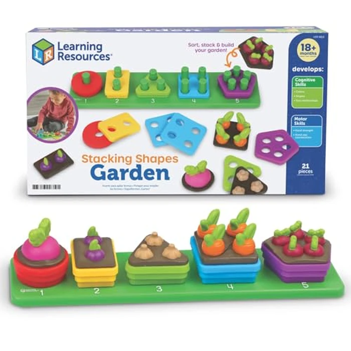 Learning Resources Stacking Shapes Garden, Fine Motor Skills, Stacking and Sorting Puzzle Board, Montessori Toddler Sensory Table Toys, Color Matching, Busy Board, Boy and Girl Gifts by Learning Resources - Used - Like New condition - US$12.09