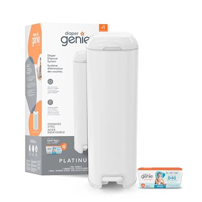 Diaper Genie Platinum Diaper Pail, White - Made in Durable Stainless Steel and Includes 1 Easy Roll Refill with 18 Bags by Diaper Genie - Image 1